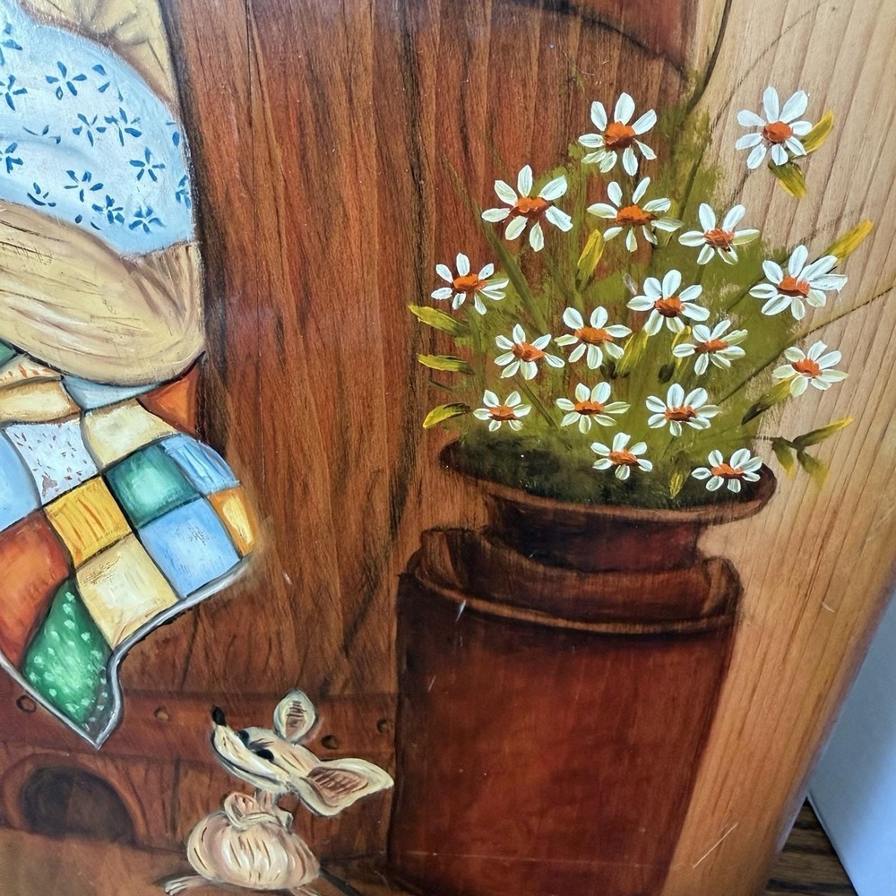 Hand-Painted Wood Large Cutting Board Folk Art Girl & Mouse Vintage 1971 - Picture 2 of 8